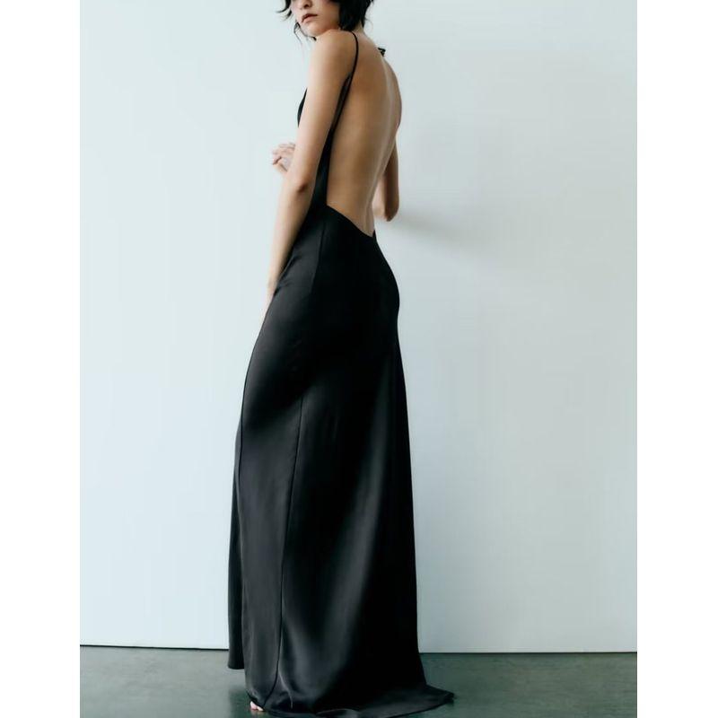 Spring New Arrival French Black Dress Evening Long Dress Silk Satin Texture Intimates Style Dress 8325840