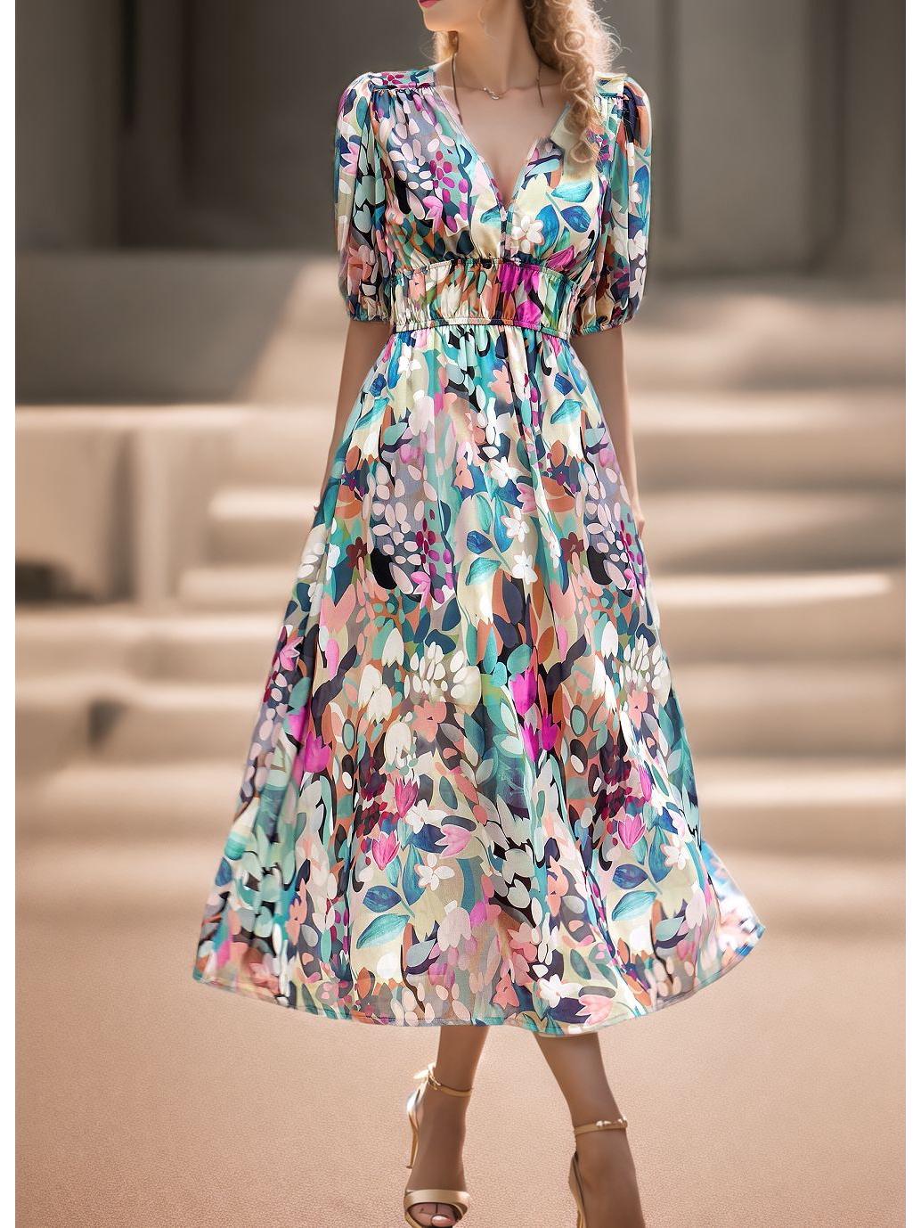 2026 European & American Waist-Cinching V-Neck Printed Summer Dress S
