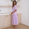 Women's Bohemian Long Dress Deep V Neck Puff Short Sleeve Swing Dress Summer Tiered Flowy A Line Midi Dress