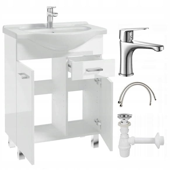 Bathroom cabinet with a washbasin on legs 85x65, standing white Mea with an elongated chrome tap
