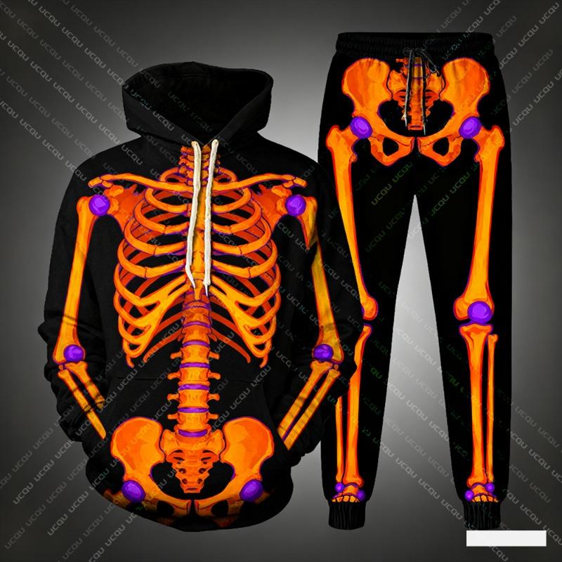 Felpe con Cappuccio da Uomo Stampa Scheletro 3D Set da 2 Pezzi Felpa con Cappuccio e Pantaloni Tuta Autunno/Inverno Halloween Casual Outdoor Set da Jogging