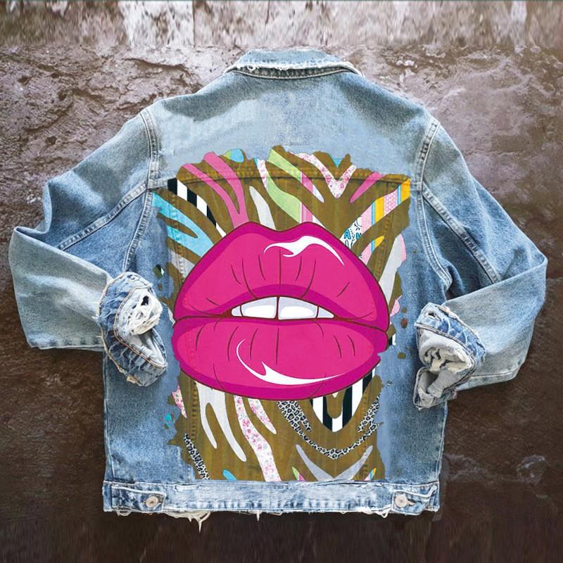 1484 Red Lips Print Denim Jacket