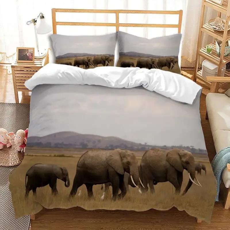 Comforter Cute Elephant Green Grass Bohemian Elephant Bedding Set Microfiber Safari Animals Comforter Twin King Size