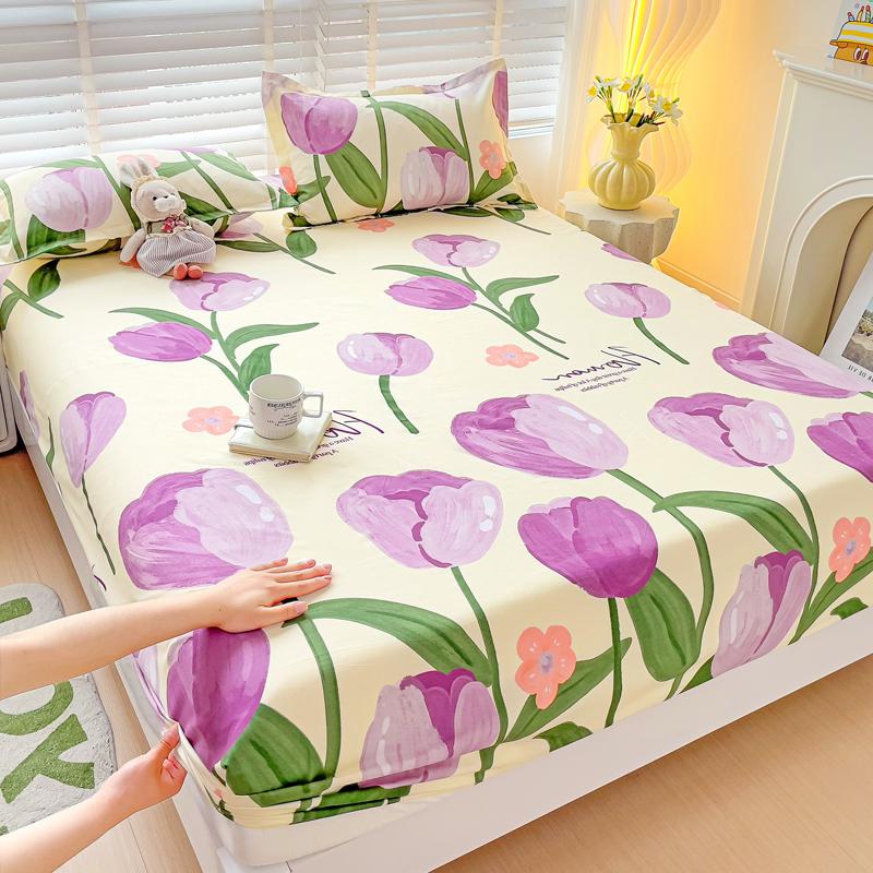 Queen Bed Sheets Set Tulips Printed drap de lit Floral Flower Style Fitted Sheet with Elastic Band Single Bed Linen for King Bed