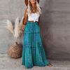 Saia Longa Estampada Boêmia Feminina Cintura Alta Elástico Solta Casual Moda Amarração na Cintura