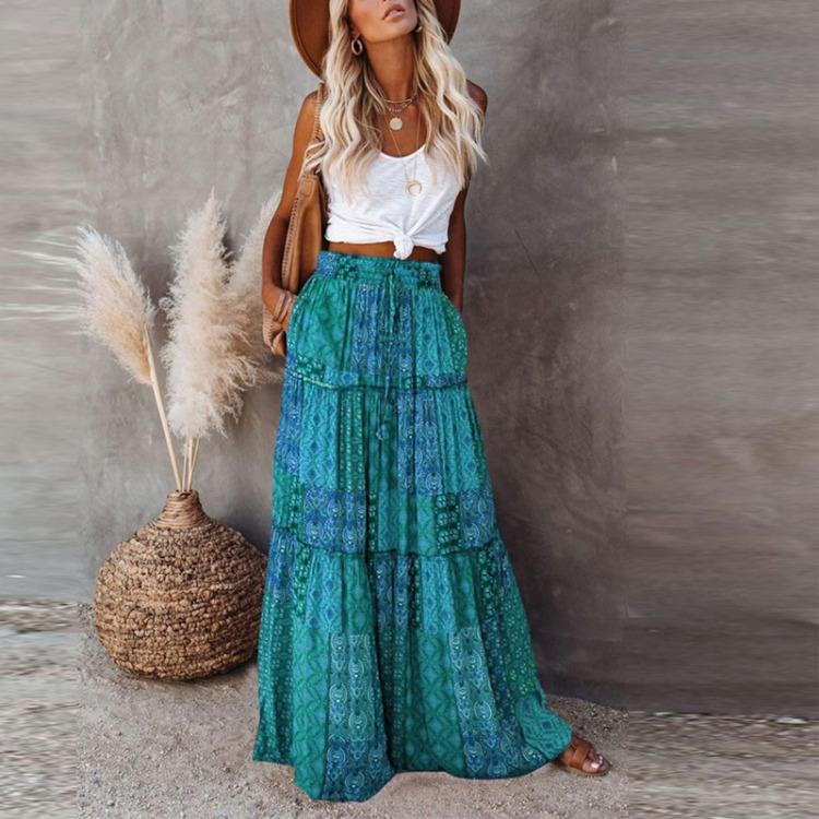 Saia Longa Estampada Boêmia Feminina Cintura Alta Elástico Solta Casual Moda Amarração na Cintura
