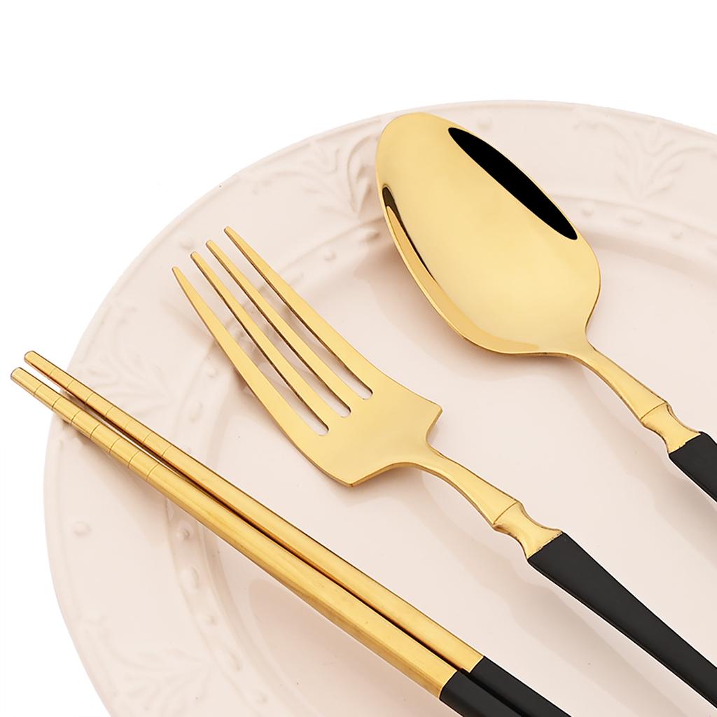 12pcs Black Gold Stainless Steel Dinnerware Set Waist Fork Spoon Chopsticks Tableware Set Mirror Western Kitchen Party Flatware