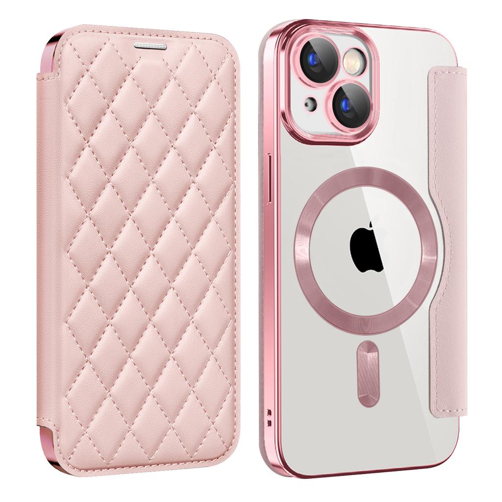 For iPhone 15 Plus Built-in Lens Film Phone Case RFID Blocking Card Slots Leather Cover Compatible with MagSafe