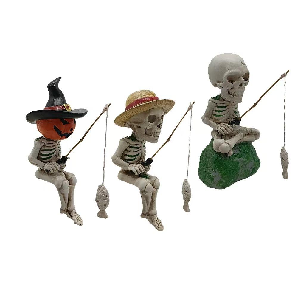 Fishing Skeleton Sculpture Garden Decorative Fishing Skeleton Statue Creative Skull Figurines Novelty Gifts Outdoor Ornaments