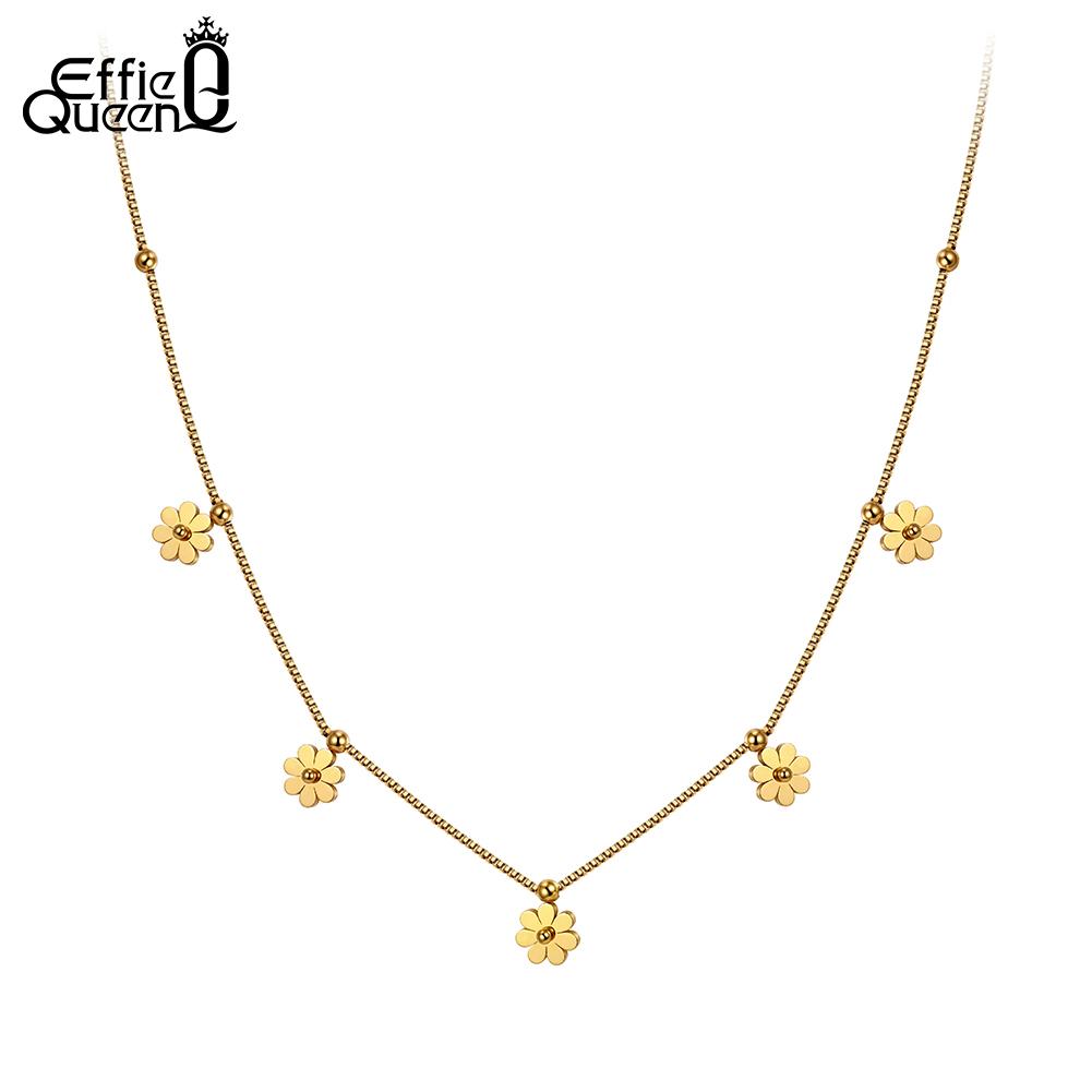 EFFIE QUEEN Stainless Steel Classic Flower Necklace Cute Flower Charm Clavicle Neck Chain Waterproof Wedding Jewelry STKN28