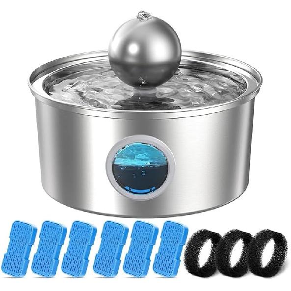 Fontanna do picia dla kota ze stali nierdzewnej:z 6 filtrami węglowymi + 3 sztuki fontanna na wodę dla zwierząt 108oz/3,2L Ciche fontanny dla kotów z okienkiem poziomu wody Kot