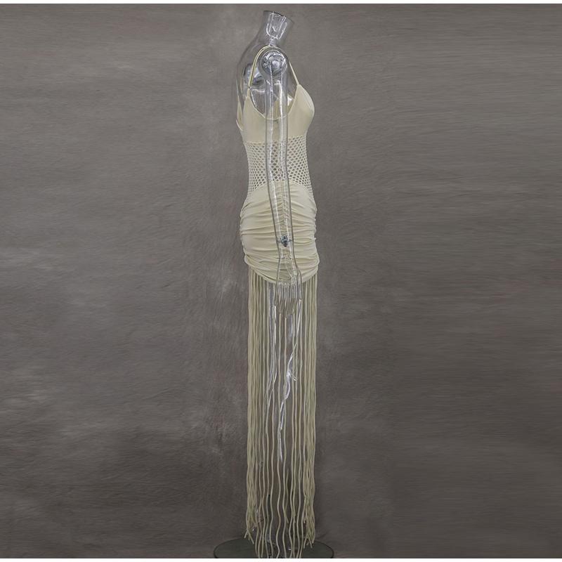 Hollow Out See-through Long Dress Women Holiday Tassels High Waist Sleeveless Strap Dresses Female Backless Evening Club  Robe