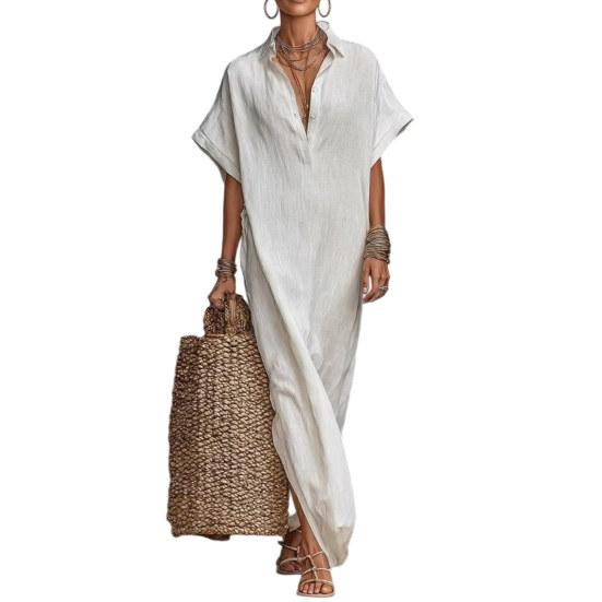 Летнее хлопково-льняное платье для женщин с коротким рукавом на пуговицах, длинное, повседневное, свободное, пляжная туника, сарафан L
