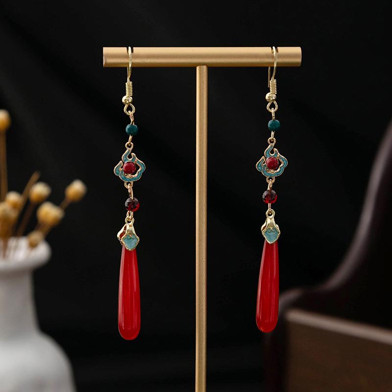 Ancient Red Beaded Cloud Teardrop Earrings - Chinese Hanfu Cheongsam Pearl Accessories