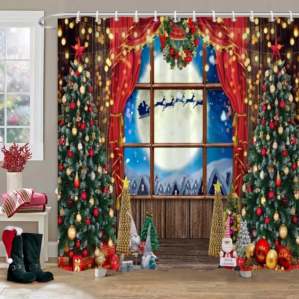 Weihnachtsparty Duschvorhänge Kamin Weihnachtsbaum und Geschenke Schneemann Schneeszene Waschbarer Duschvorhang Kunst Badezimmer Dec