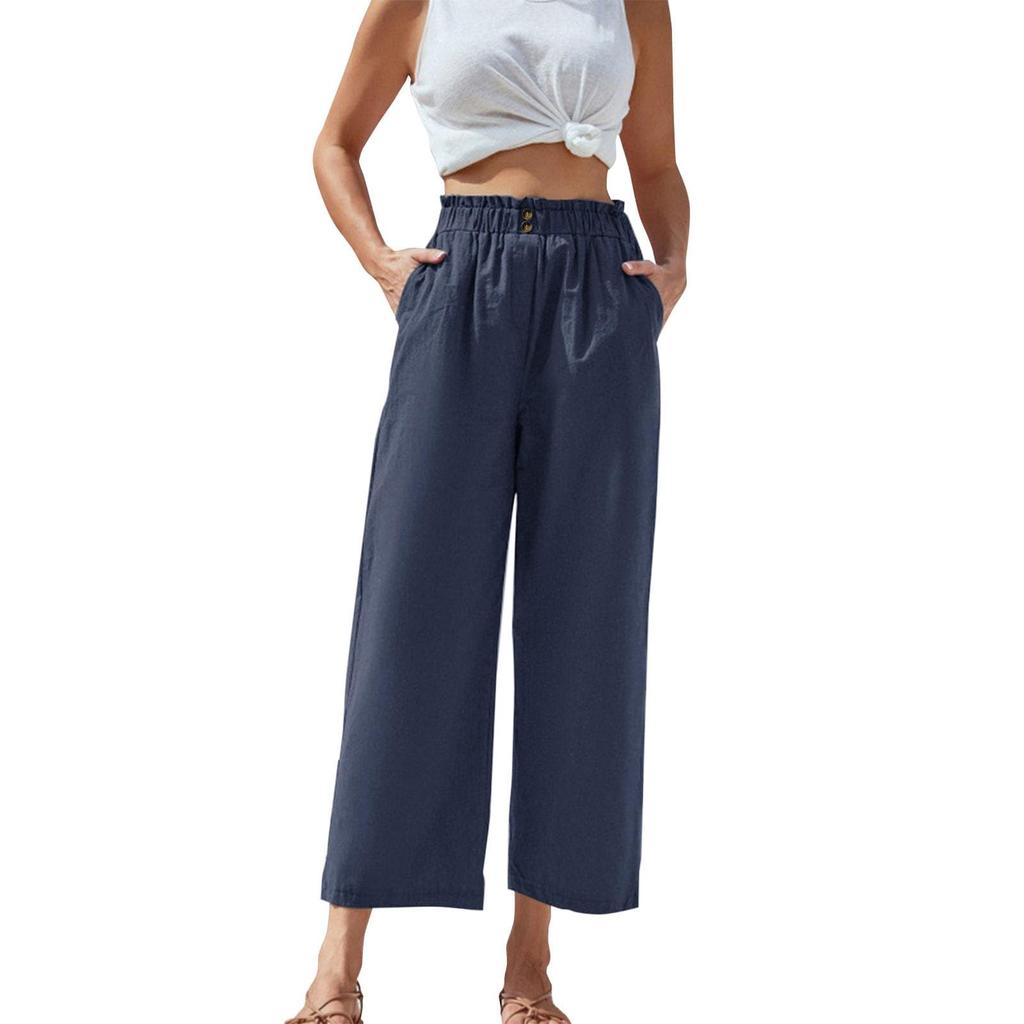 Women's High-waisted Ruffled Elastic Waist Cotton And Linen Cropped Casual Pants