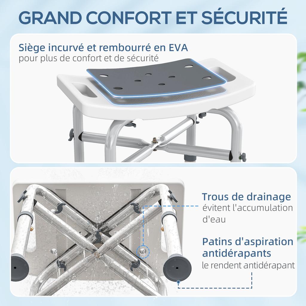 Shower stool shower chair - padded and adjustable seat, non-slip suction feet, grey aluminum