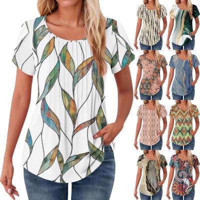 Damen Tops Blütenblatt Kurzarm Sommer Rundhals Shirts Blumendruck Blusen für Damen Elegant Casual