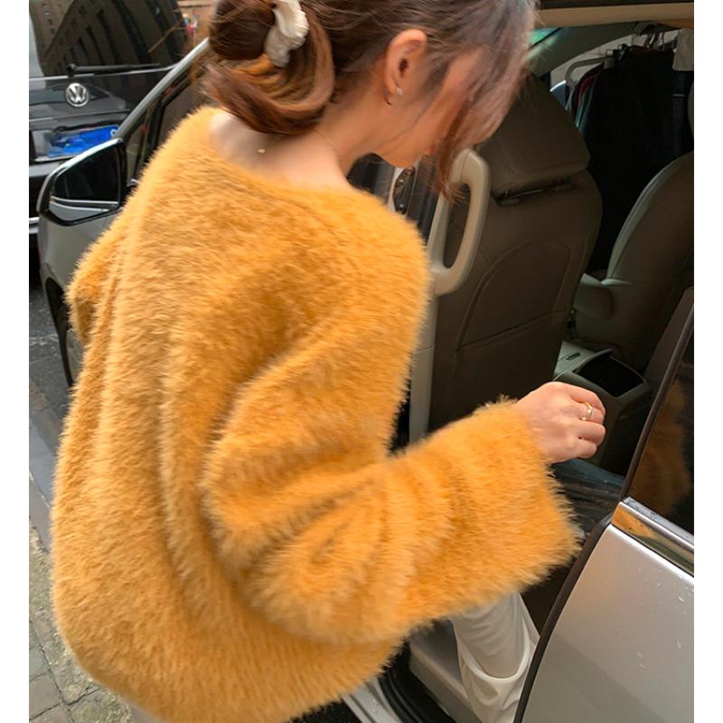 Fashion New Plush V-neck Pullover Sweaters for Women Autumn and Winter Loose Fit Mink Fur Casual Knitted Sweater Women Soft Warm Vintage Jumper 25778