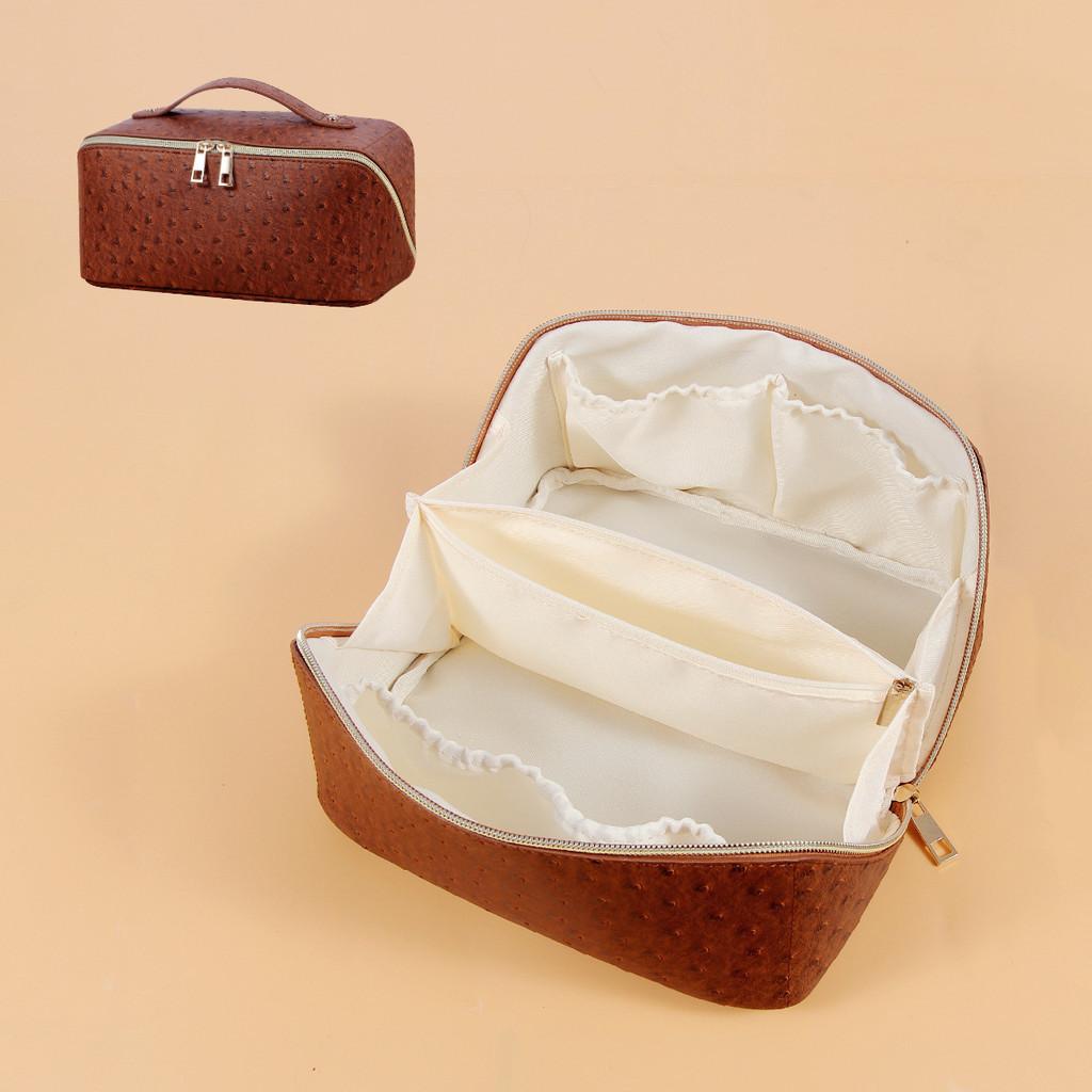 Beige Bag Large Capacity Ostrich Pattern Cosmetic Bag High-end Pu Leather Daily Makeup Organizer StyleA