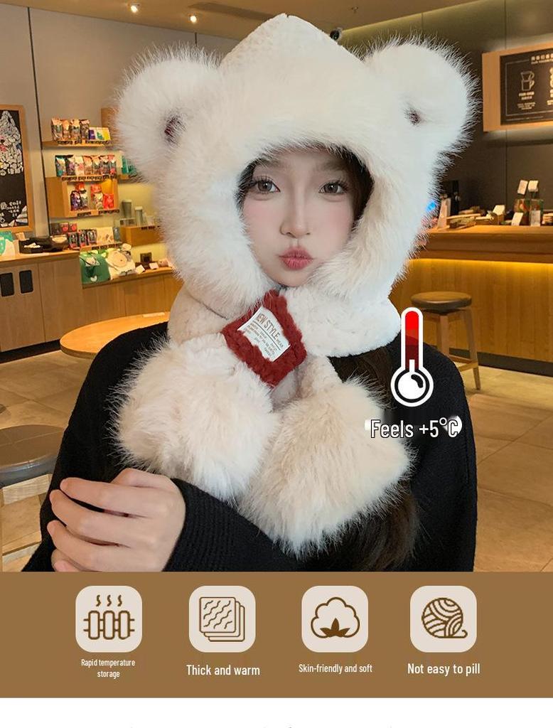 Women's Cozy Fluffy Teddy Bear Hat and Scarf One-Piece with Ear Protection