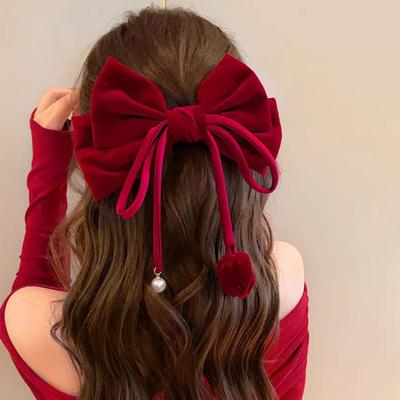 1 Stück rote Haarspange mit Perlenquaste und Schleife für Damen, Haarspange mit langem Band, Blumenhaarschmuck für Mädchen