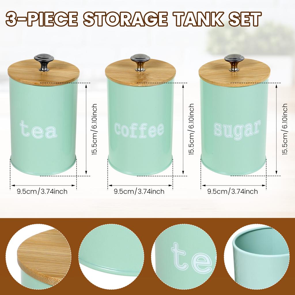 3Pcs Coffee Bean Storage Canisters Tea Sugar Vacuum Sealed Jars Iron Canisters Heat Kitchen Cream Can Airtight Bamboo Lid