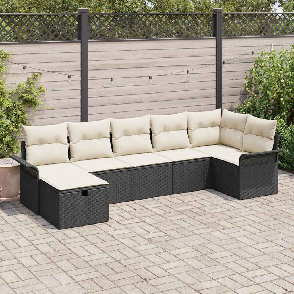 7 Piece Garden Sofa Set with Cushions Black and Cream Poly Rattan