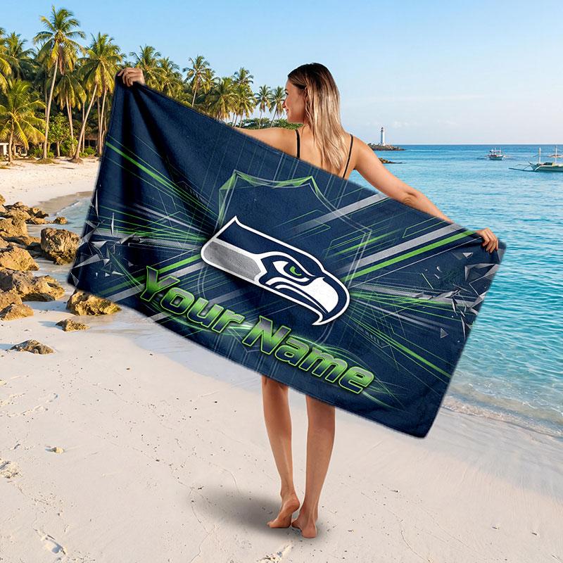 Seattle Seahawks Customized Name Text Beach Towel, Soft Absorbent Towel Beach Pool Travel Personal Gift
