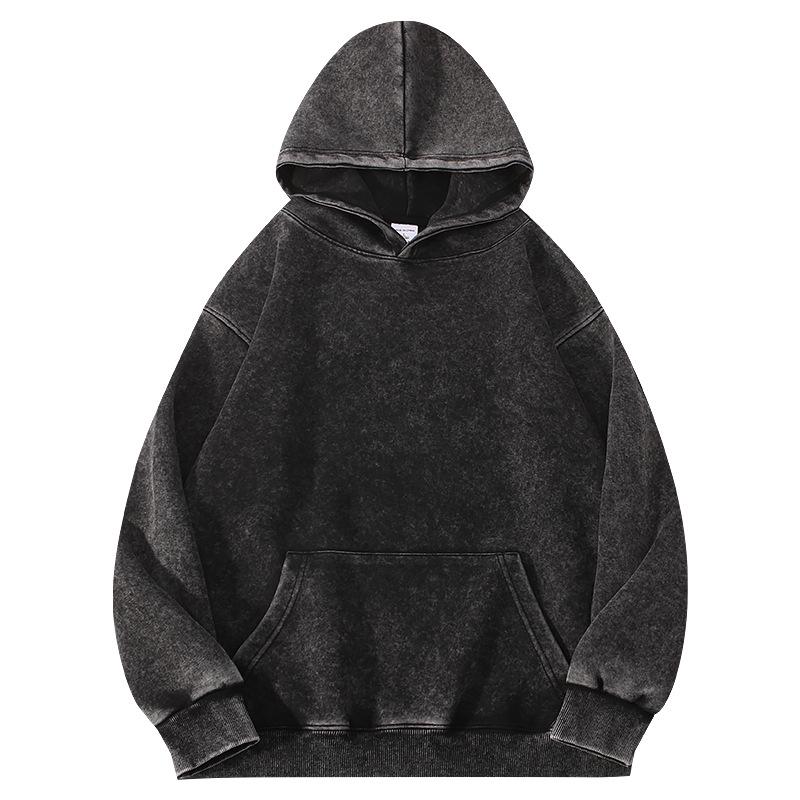 350g Vintage Washed Men's Hoodie - EU Size, Drop Shoulder, Solid Color, Thickened, Heavyweight