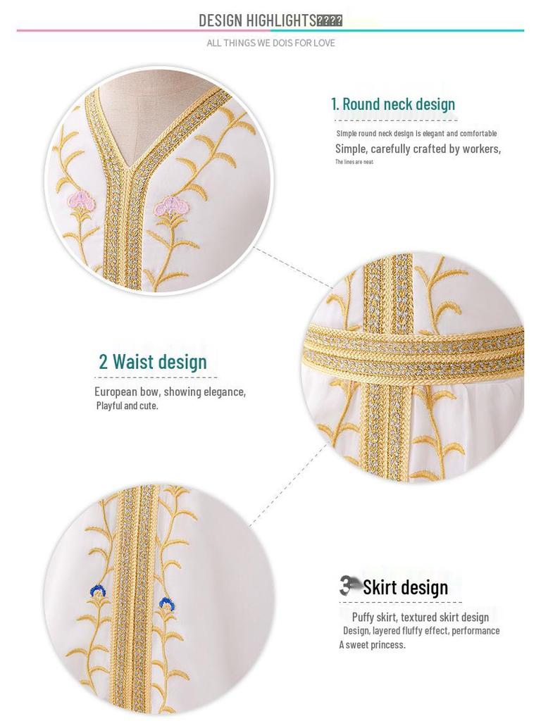 Children's Elegant Embroidered Muslim Princess Evening Dress Robe
