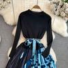 Vintage Elegant  O Neck Print  Pleated Long Sleeve Knit Dress A-line Casual Women Fashion High Waist Summer Spring