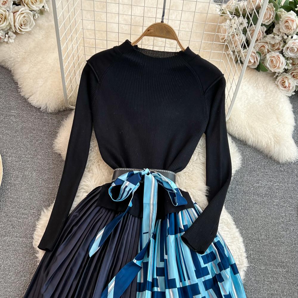 Vintage Elegant  O Neck Print  Pleated Long Sleeve Knit Dress A-line Casual Women Fashion High Waist Summer Spring