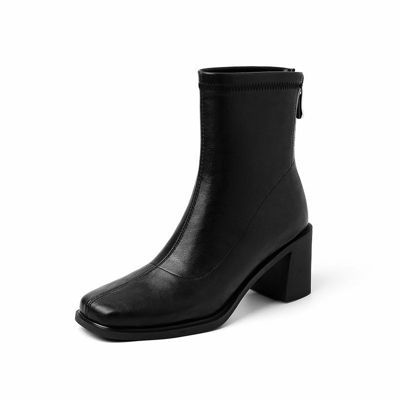6.5CM British style fashion simple temperament thin boots autumn new square head thick heel rear zipper commuting short boots