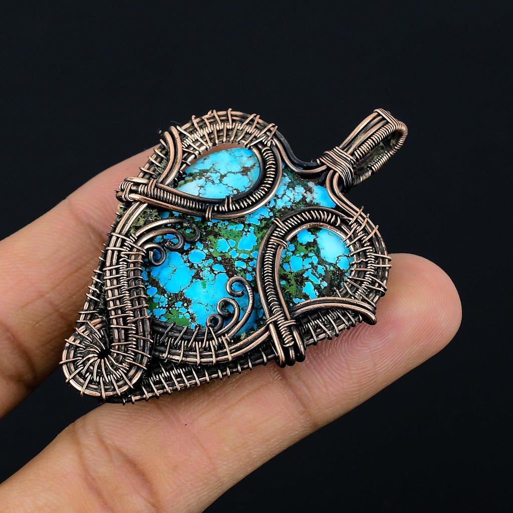 Wisiorek z turkusu tybetańskiego, biżuteria z kamieni szlachetnych owinięta drutem miedzianym próby 999, ręcznie robiony wisiorek, na Święto Dziękczynienia