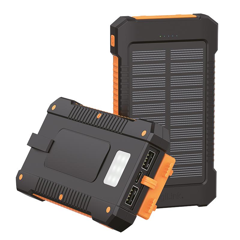 LogiLink 8000mAh Solar Power Bank - Orange, 2xUSB Flashlight, Camping