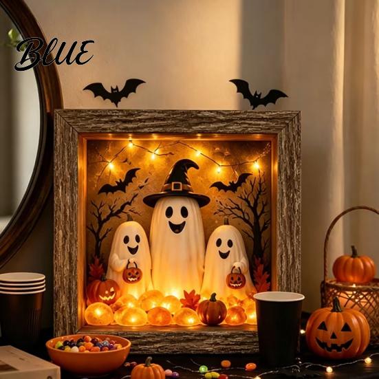 Gothic Shadow Box Night Light DIY Lighted Halloween Ghost Kit Wooden Frame LED Warm Light 3D Picture Craft Kit Memory with Crystal Glass Panel,