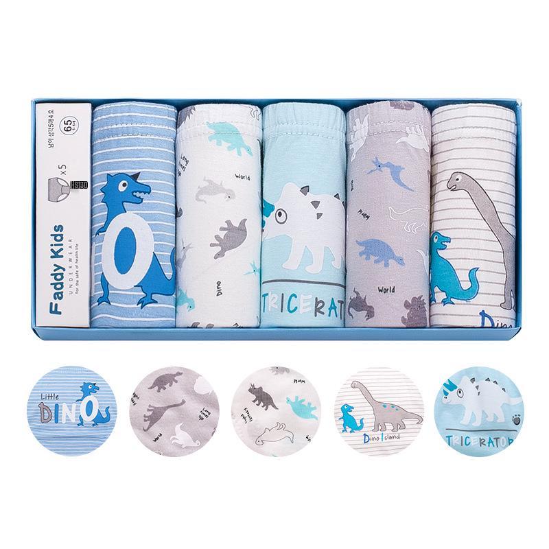 Boys' Cartoon Dinosaur Cotton Underwear, 5-Pack - Breathable, Comfortable, Skin-Friendly