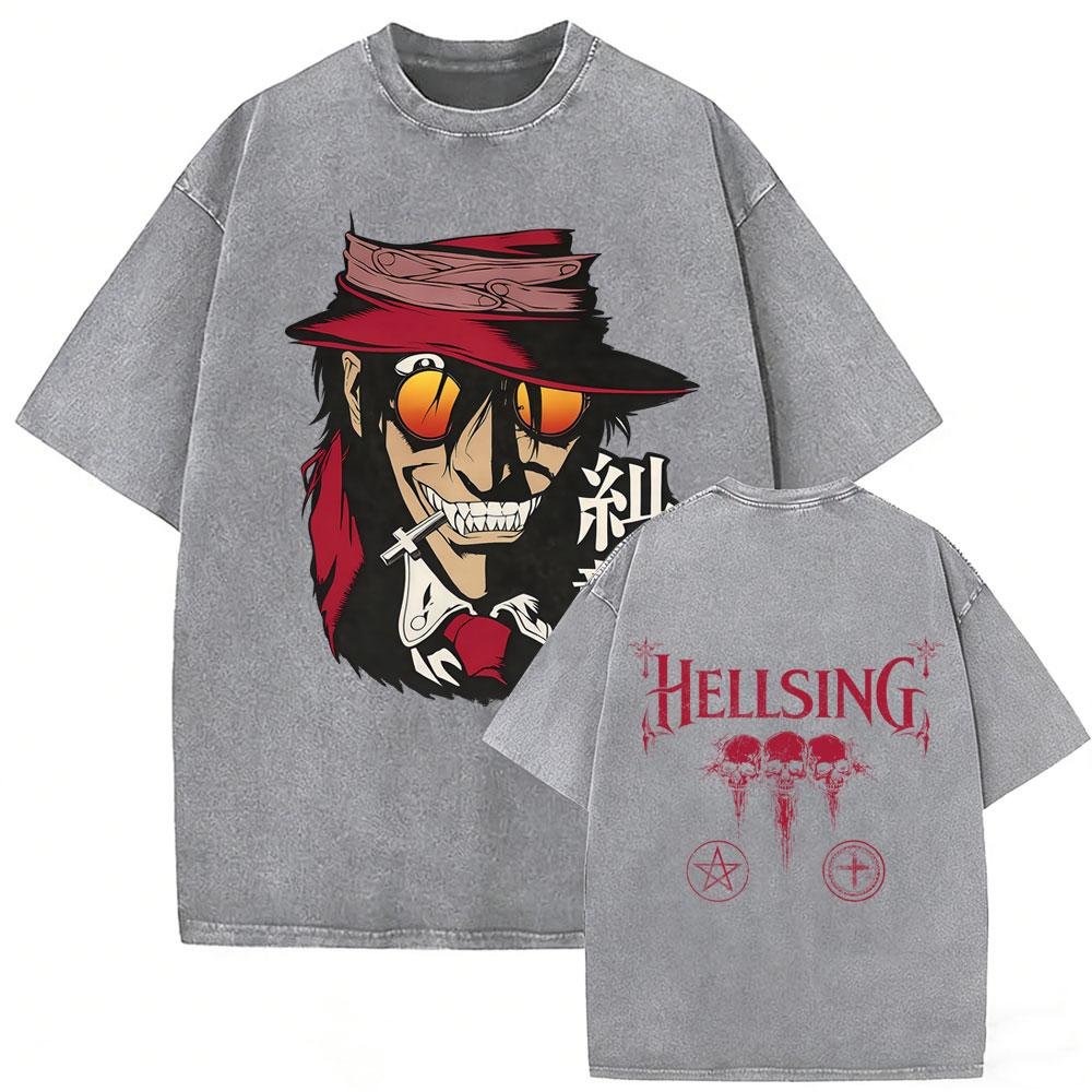 Washed Vintage Anime Hellsing Yumie Takagi Graphic Tshirt Vampire Alucard Merch Tshirts Mens Gothic Manga Oversized T Shirts