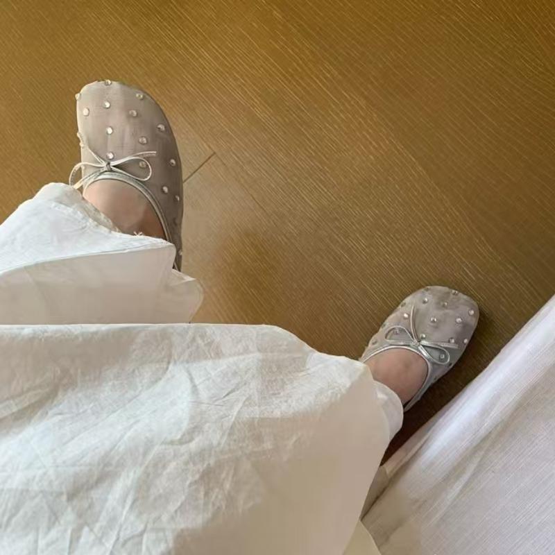 Fashion Low Heels Women's Fashion Round Head Shallow Mouth Crystal Mesh Butterfly Knot Soft Sole Anti-slip Wear-resistant Slippers