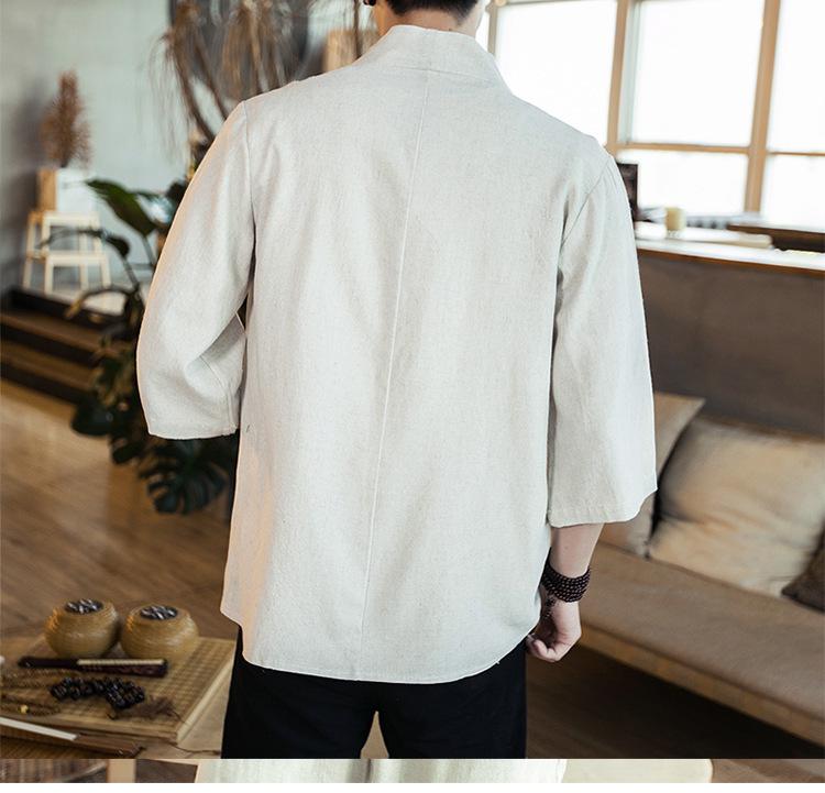 Men's Chinese Style Linen Hanfu Cardigan - Loose Fit, Plus Size, Casual Three-Quarter Sleeve Shirt