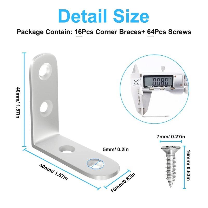 10pcs 304 Stainless Steel L Brackets - Right Angle Corner Brace for Shelves, Wood Furniture, Chair, Drawer with 10pcs Screws