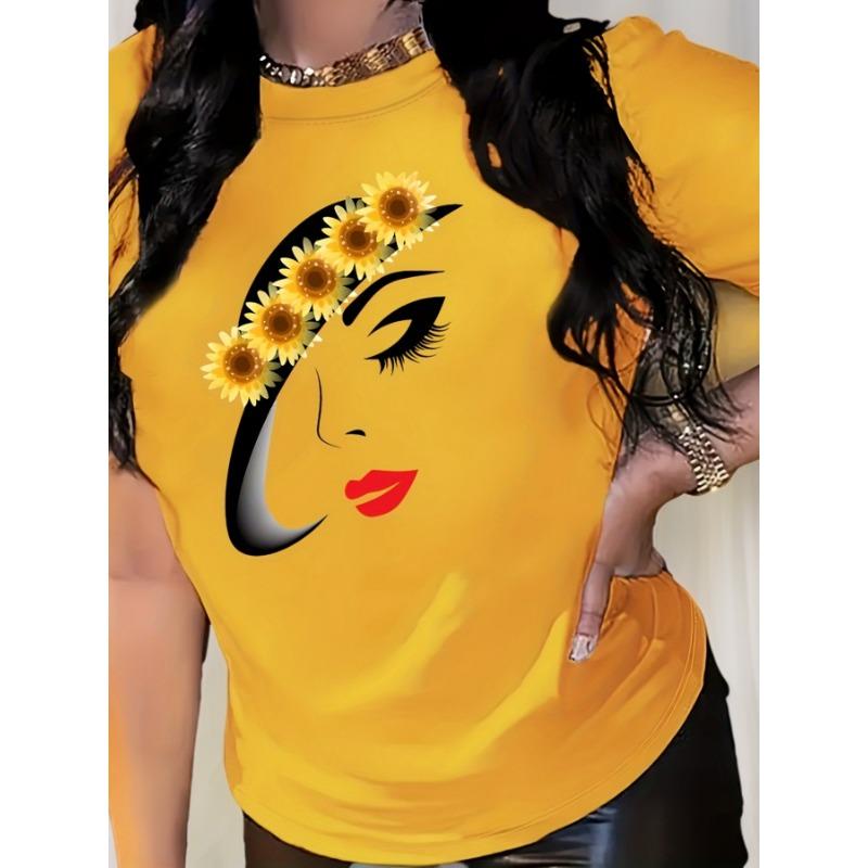 Vibrant sunflower and portrait printed women s style, short sleeved round neck T-shirt S