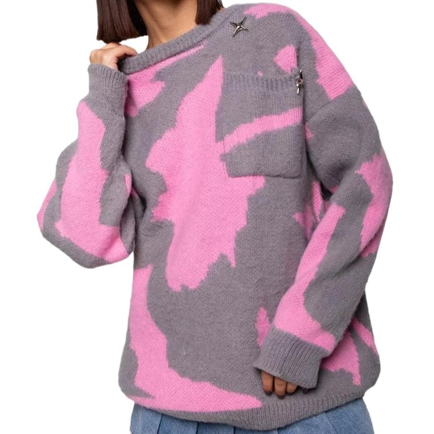 IHUASU Women's Clashing O-Neck Large Size Sweater Autumn and Winter Loose Trend Cross Border Knit Top