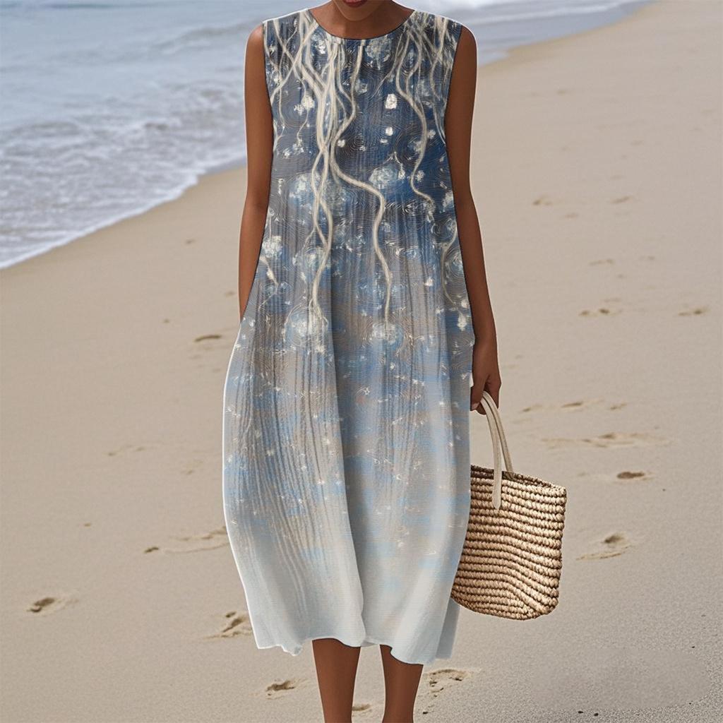 Women's Fashion Casual Sleeveless Round Neck Floral Elegant Temperament Dress