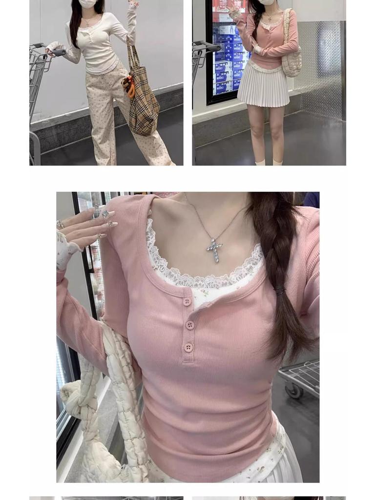 Korean Style Autumn Floral Lace Color-Block Button Shirt: Women's Long Sleeve Two-Piece T-shirt