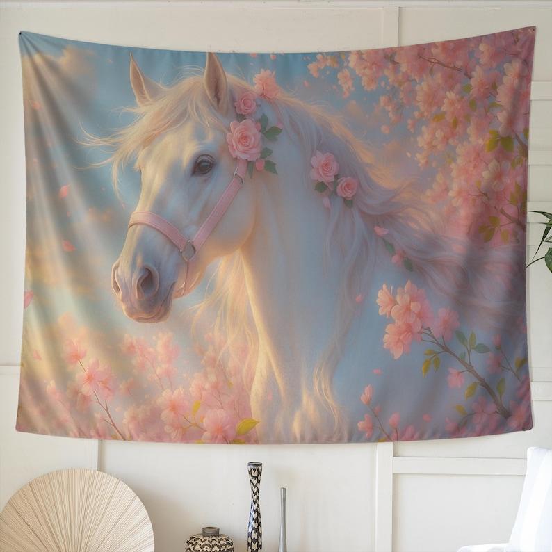 White Horse Floral Romantic Pastel Aesthetics tapestry 75x100 чёрный