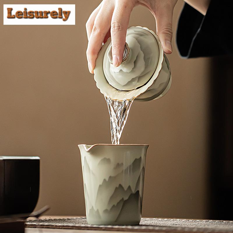 160ml Ru Ugn Keramisk Gaiwan Elegant Bergslandskap Blomma Mourh Te Terrin Hushålls Te Tillverkare Lock Skål Cha Ornament