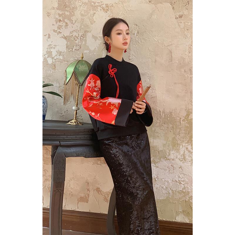 JK&JS Women's New Chinese Style Jacquard Round Neck Sweatshirt