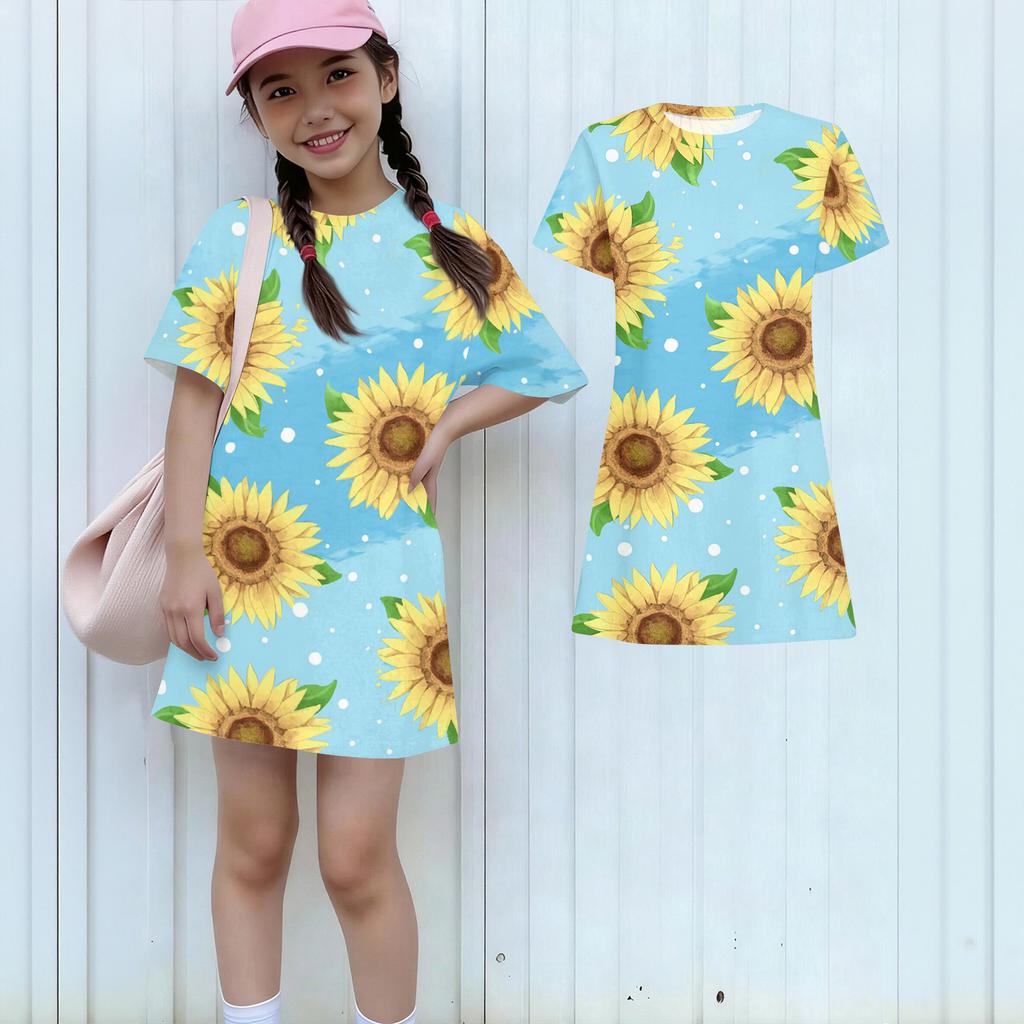 Girls Print Casual Dress Kids Loose Round Neck Short Sleeve Thin Sundress